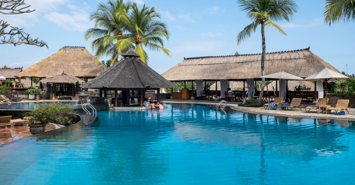 Palm-fringed resort pool with calm blue water in Bali