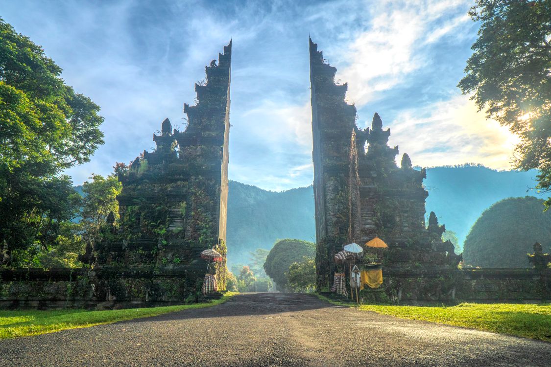 Handara Gate in Buleleng, north Bali, with forested mountains behind