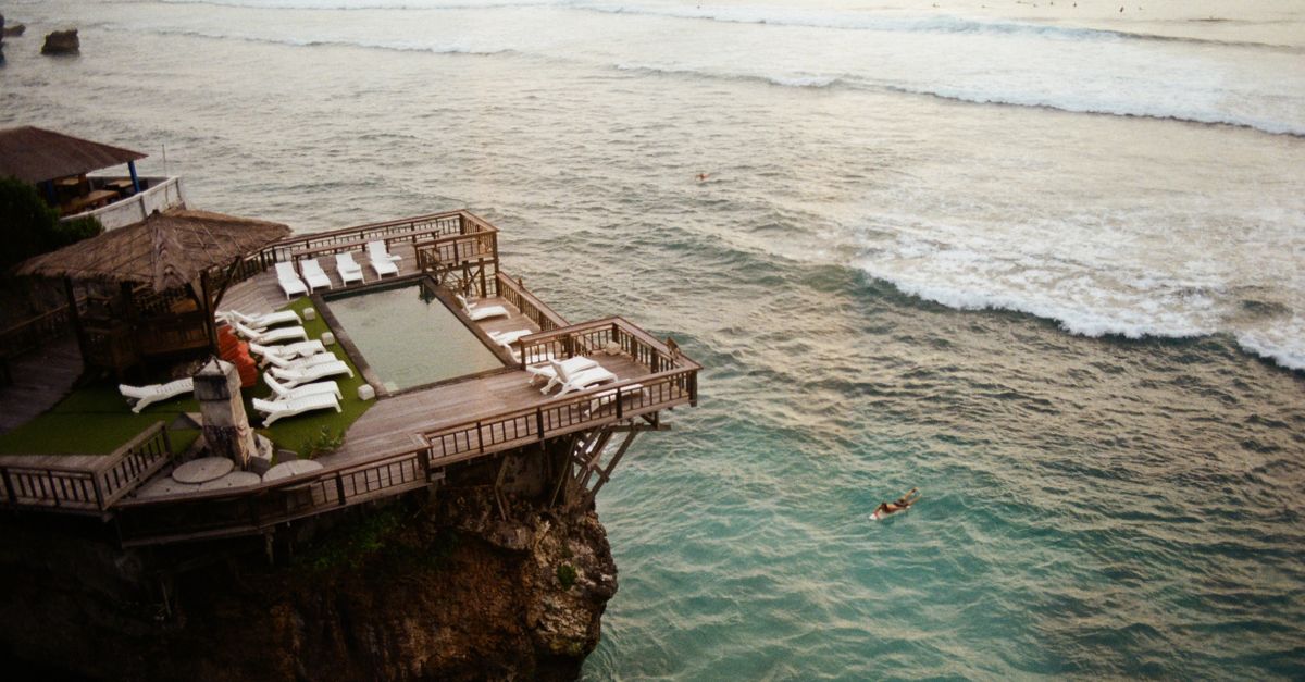 Drone shot of a modern beachfront villa in Bali