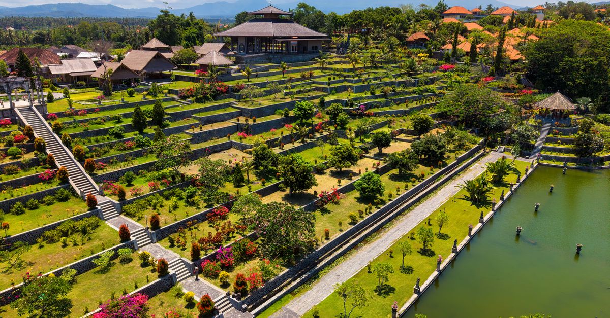 The terraced fountains and stepping stones of Tirta Gangga water palace in east Bali