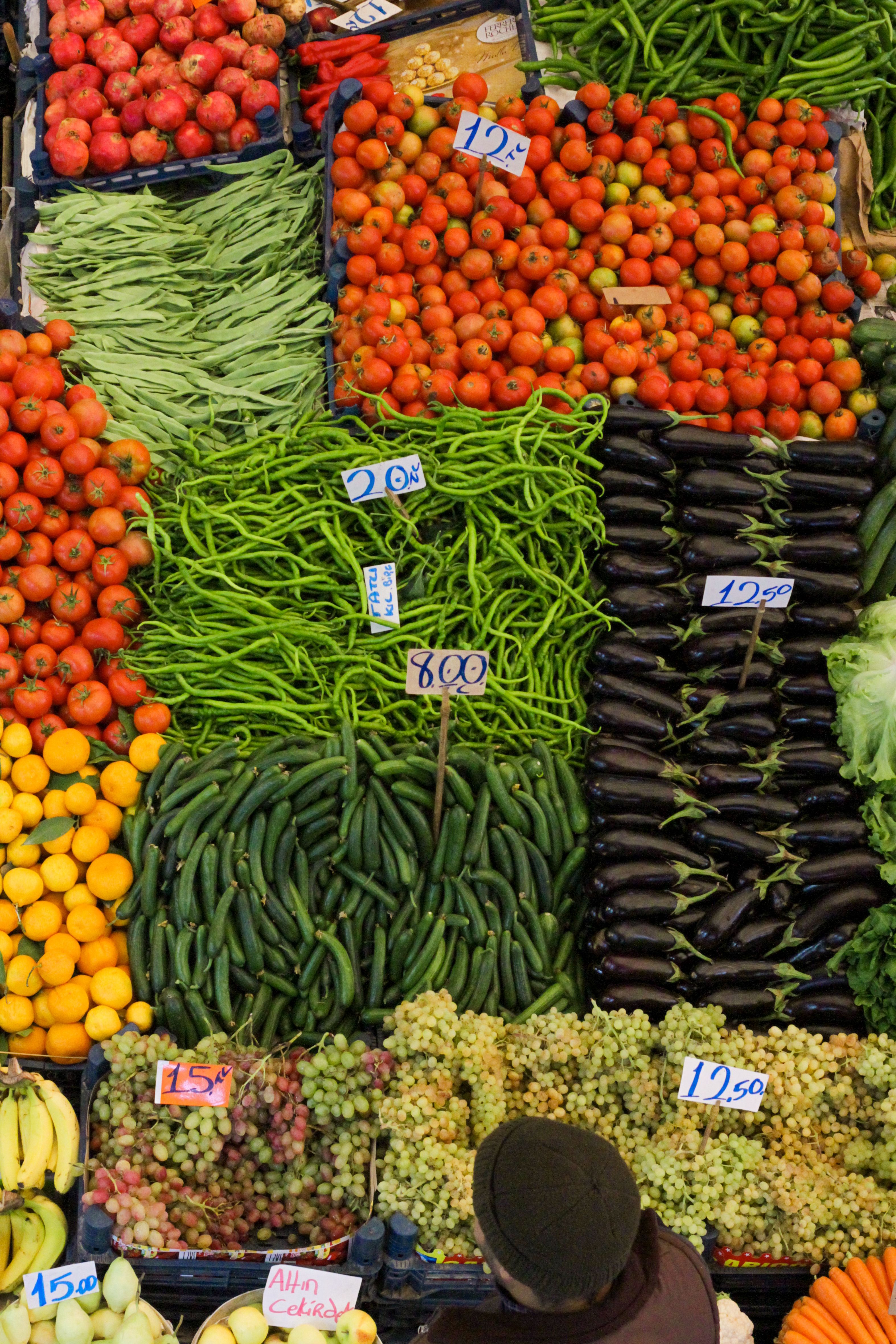 Colourful fruits and vegetables on display at a market