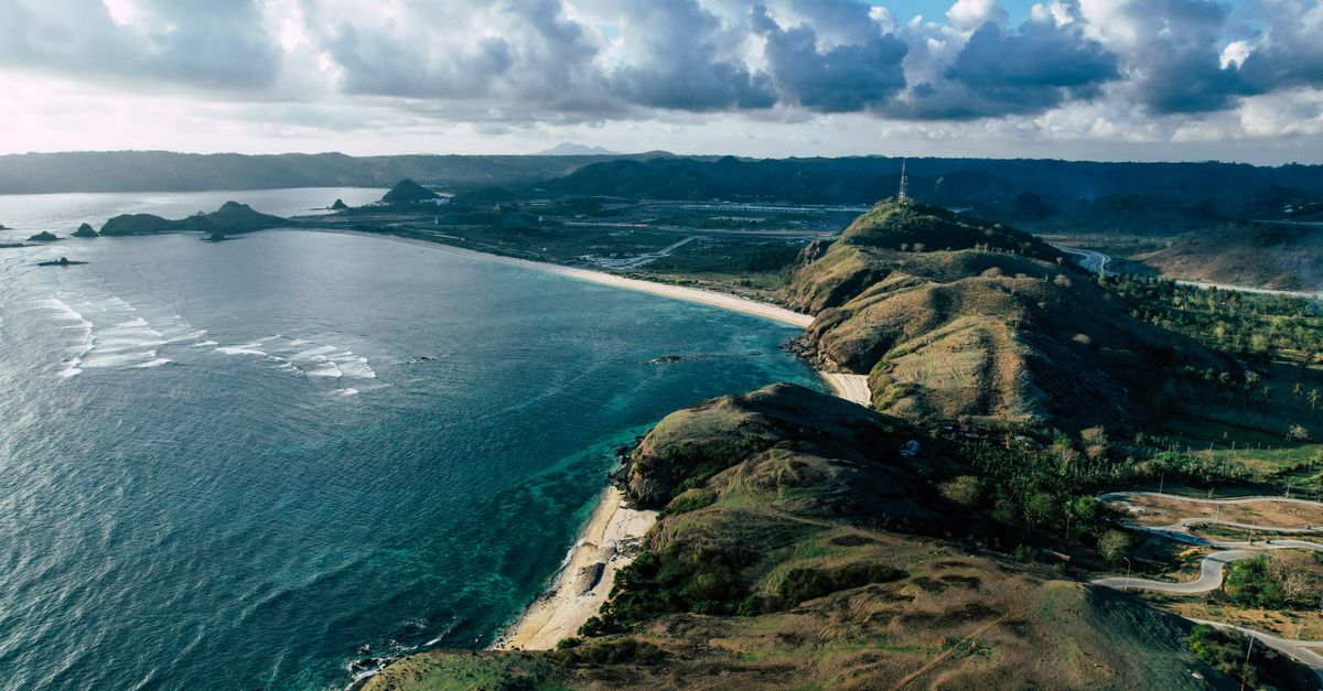 Aerial view of Lombok's Mandalika beach and coastline, a quieter alternative to Bali